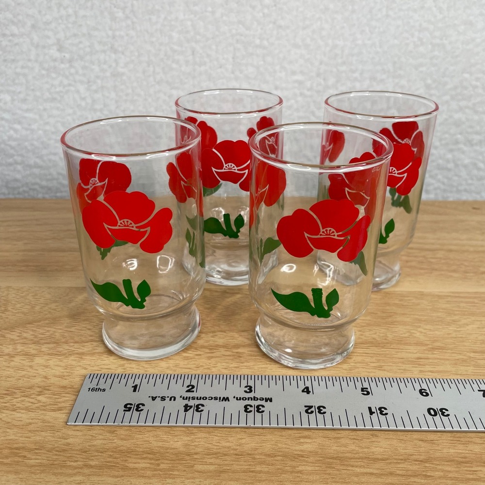 Vintage Anchor Hocking Red Poppy Floral Juice Glasses Mid Century Retro Set of 4 - Picture 1 of 4